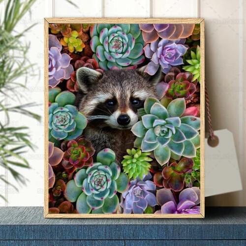 Animal Full Drill Diamond Painting Cute Raccoon and Succulent Plants Embroidery Cross Stitch Kit Crystal Wall Decoration