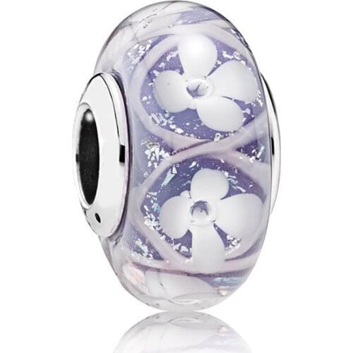 Authentic S925 Bead DIY Jewelry Murano Glass Charms fit Lady Bracelet Bangle Purple Field of Flowers Charm