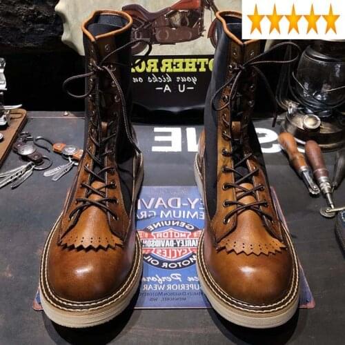 Work Retro Genuine Safety Leather Men Patchwork Lace Up Biker Platform Ankle Boots Luxury High-Top Riding Shoes Botas