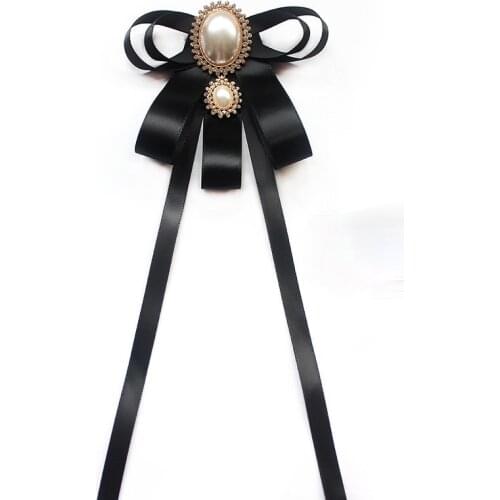 New Robbon Fabric Bow Tie Brooch Pearl Rhinestone Crystal Bee Necktie Shirt Collar Pins Jewelry for Women Men Accessories