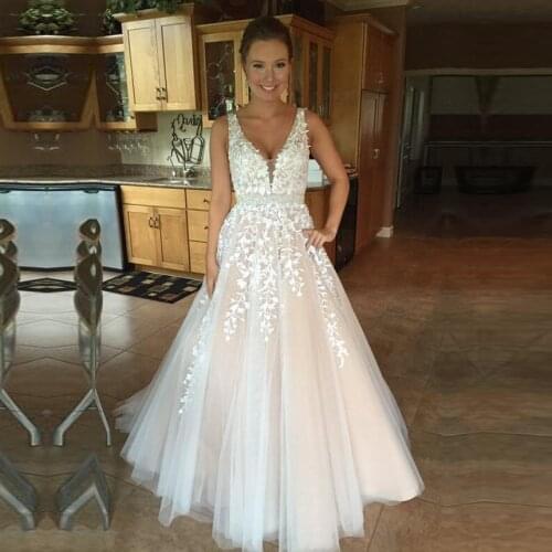Long V Neck Lace Applique Wedding Dresses 2021 with Tulle Train for Bride vestido de noiva A Line Custom Made