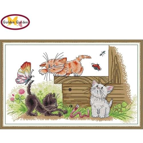 GG Three Cats&Butterflies Cross Stitch Embroidery Needlework Set Joy Sunday 14CT11CT Counted Cross Stitch Kits for Home Decor