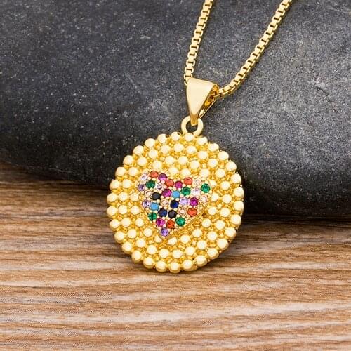 Hot Sale Geometric Romantic Rainbow Crystal Heart Pendant Necklace Copper CZ Stone Round Necklace Gold Chain Jewelry For Women