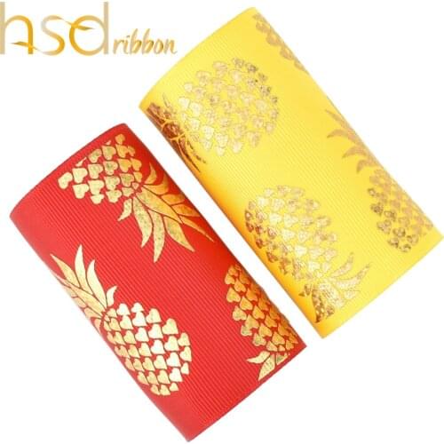 HSDRibbon 75mm 3inch gold laser foil pineapple on Solid Red and Yellow Grosgrain Ribbon