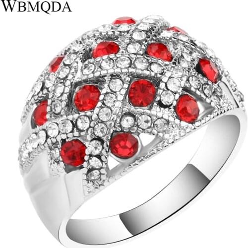 Fashion Red Crystal Silver Color Wedding Rings For Women Vintage Grid Pattern Gold Engagement Ring Bulgaria Jewelry