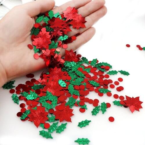 About 15g Mix Color Plastic Christmas Green Leaf Red Flower Confetti Tinfoil Sequins Christmas Gift For Home Decoration