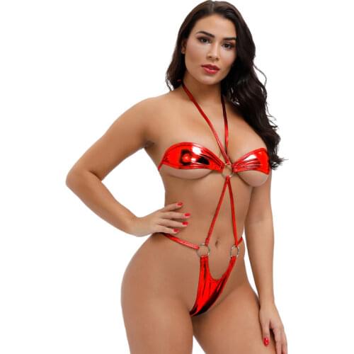 Sexy micro bikini swimwear women swimsuit one piece biquini bikinis Patent leather Bright light Halter String Lace Show buttocks