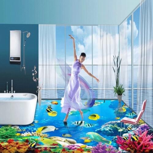 Custom 3D Floor Mural Wallpaper Undersea World Coral Fish Living Room Bathroom Floor Sticker PVC Self-adhesive Vinyl Wallpaper