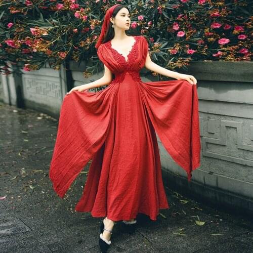 Retro holiday red dress side slit design lace embroidery long dress super long scarf