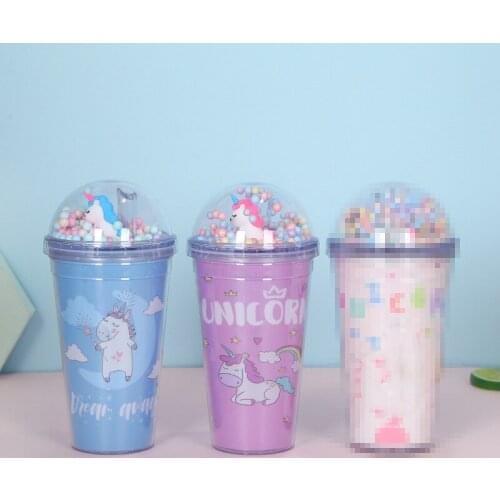 Rainbow Unicorn Water Cup Cute Creative Summer Crushed Ice Cup Double Refrigeration Colorful Plastic Straw Cup Drinking Cup