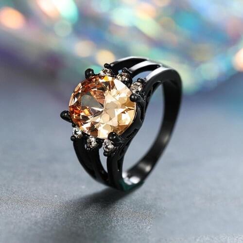 Luxury Female Champagne Zircon Stone Ring Vintage 14KT Black Gold Wedding Rings Men Women Promise Love Big Oval Engagement Ring