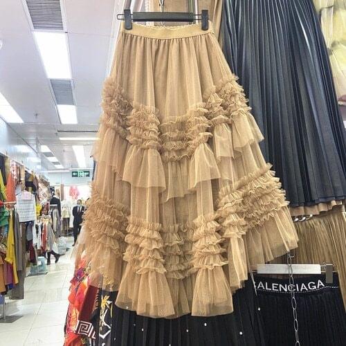 Mesh Skirts Women 2021 Spring and Summer New Irregular Multi-Layer Ruffled Princess A- Line Skirts Girls Students Long Jupe
