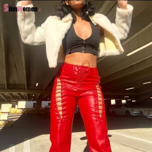 Sexy Summer Red Leather Club Trousers Straight Pants Faux PU Y2K High Waist Pants Women Chic Hollow Out Bandage Slim Streetwear