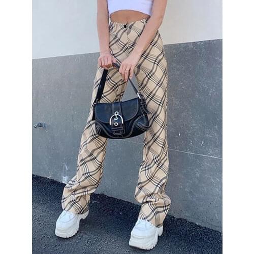 Tossy Plaid Printed Khaki Straight Leg Pants Ladies New Fashion High Waist Trousers Casual Y2K Pants Female Capris Streetwear