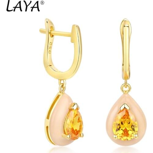 Laya Silver Earrings For Women Pure 925 Sterling Silver Synthetic Yellow Crystal Nude Enamel Fashion Jewelry Handmade Enamel