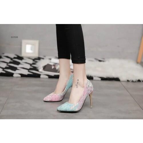 EU35-40 spring autumn new national wind retro plaid heels pointed fine with single shoes women Asakuchi career Pumps Woman Shoes