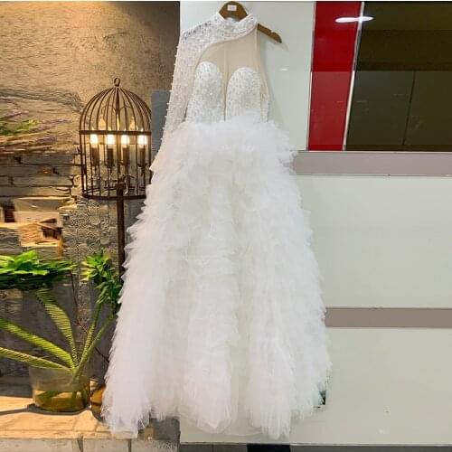 One Shoulder High Neck floor Dresses Sexy Wedding party birthday for women Special Design Slit Tiered Ruffles Draped Gowns prom