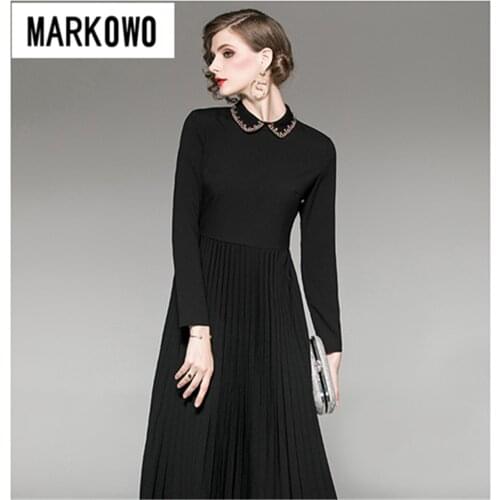 MARKOWO Designer Brand 2020 new female lapels hand-studded waist design pleated dress