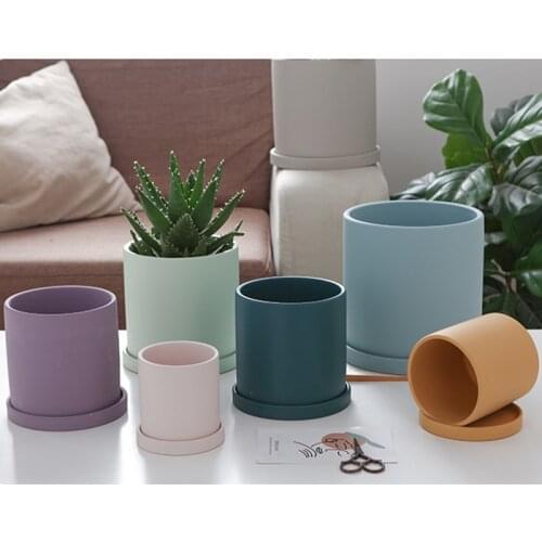 1pc Ceramic Flower Pots With Hole Cylindrical Succulent Green Plants Pot Fresh Flowerpot With Tray Home Decor