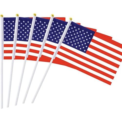 10Pcs USA Stick Flag American US 14X21CM HandHeld Mini Flag 30cm Pole United States Hand Held Stick Flags banner kw42