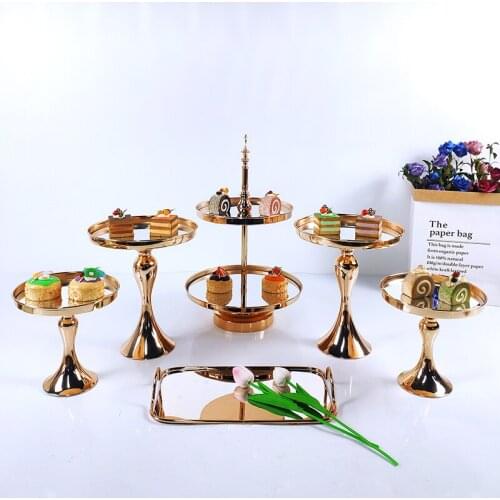 4-7 Pcs Gold Electroplate Cake Stand Set Mirror Metal Cupcake Display Wedding Birthday Party Dessert Plate Rack