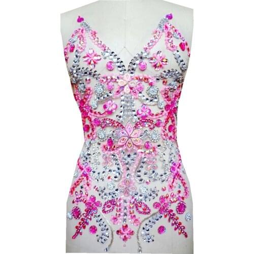 A109 Pure hand made pink/silver sew on Rhinestones applique crystals patches 50*32cm DIY dress accessory