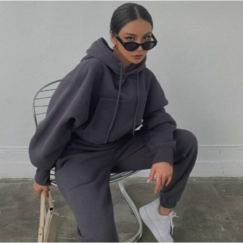 BoozRey Y2k 2021 Autumn Womens New Dark Gray Casual Hooded Sweater Fleece Long-sleeved Jacket Straight Trousers Sports Suit