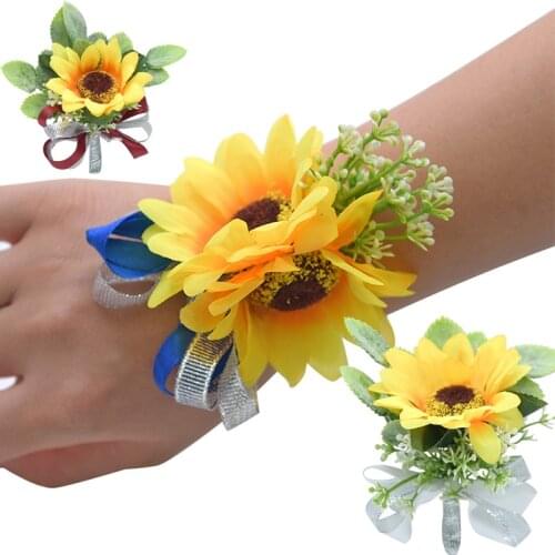 Bridesmaid Hand flowers Artificial Bride Flowers For Wedding Party Sunflower Wrist Corsage Groom Man Groomsman Boutonniere