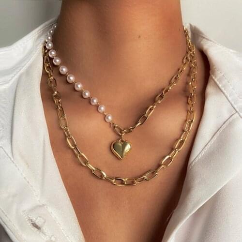 FAMSHIN 2021 New Boho Heart Pendant Necklaces Pearls Chain Necklace For Women Punk Necklace For Gifts Female Asymmetry Jewelry