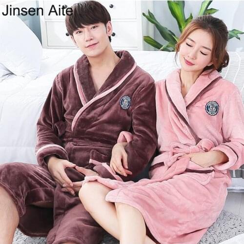 Jinsen Aite Winter Warm Men Women Couples Flannel Kimono Bathrobe Thickened Long Sleeve Fleece Male Robes Pajamas Homewear JS703