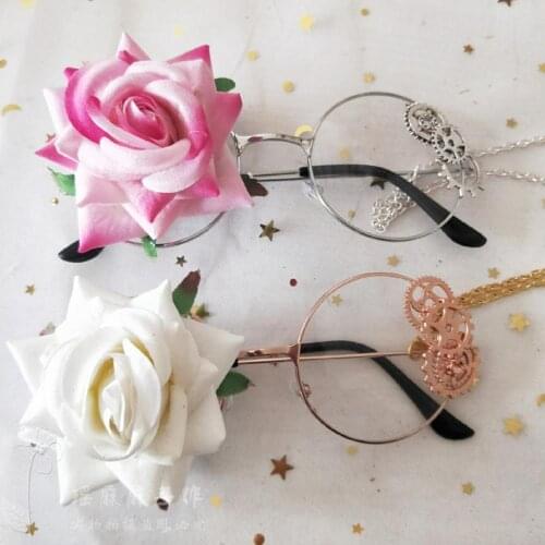 Steampunk Round Frame Flat Light Glasses Lolita Gothic Punk Soft Girl Vintage Harajuku Rose Gear Chain Eyewear Cosplay gay props