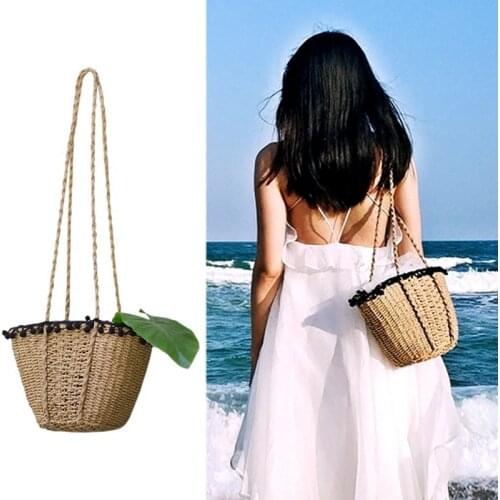 Hair ball lace Bohemian Beach Bag for Women retro Handmade Straw Bags Summer Travel Handbags Drawstring Basket Bag leisureTote