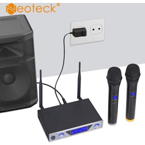 Neoteck UHF Dual Channel Wireless Microphone With LCD Display Dual Channel Handheld Karaoke Microphones Set For Karaoke