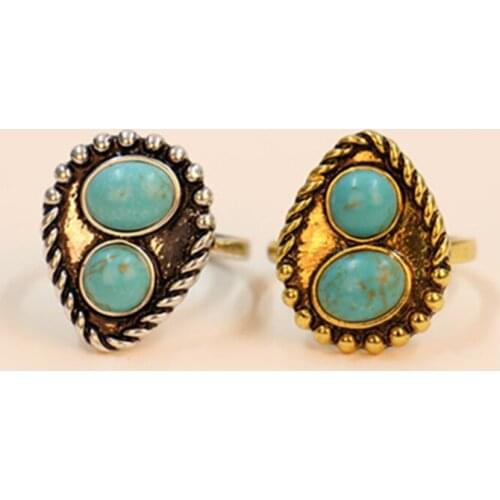 Fashion Vintage Style Tibet ring Carved Flower Lace inlay Oval Blue Stone Ring Antique Plated ancient for women