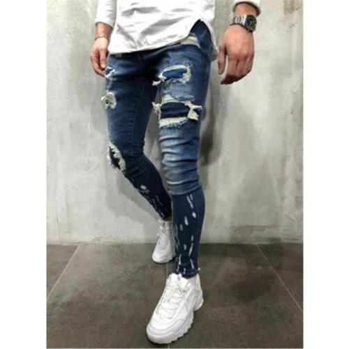 2021 Mens Biker Slim Jeans Patch Work Holes Ripped Stretch Denim Pants Blue Water Washing Pencil Pants Wrinkle Scratched Jeans