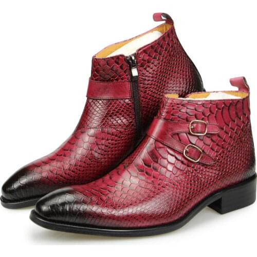 High Quality New Fashion Mens Boots Genuine Cow Leather ANKLE Formal Zipper Dress Shoes Work & Safety Snake Print Black and Pink