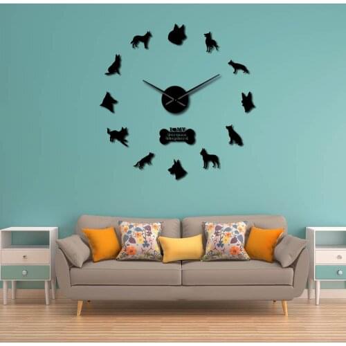 German Shepherd Puppies Dog Club Cool Quiet Sweep Wall Art Clock Dog Breed Self Adhesive DIY 3D Wall Clock Animals Shop Decor