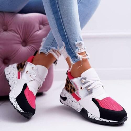 New Fashion Womens Sneakers Leopard Print Leather Thick Bottom Increased Sneakers Casual Comfortable Sports Shoes For Ladies