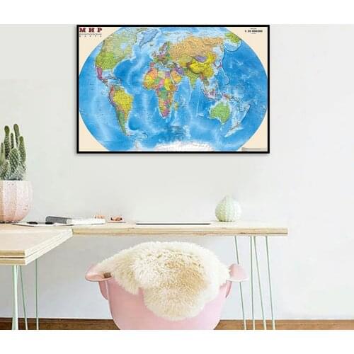 80*60cm Political Map of The World with Details In Russian Canvas Painting Wall Poster School Supplies Living Room Home Decor