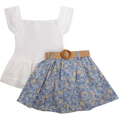 2-7Y Holiday Girls Clothes Sets 2pcs Lace Sleeve Pullover T Shirts Tops Flowers A-Line Skirts