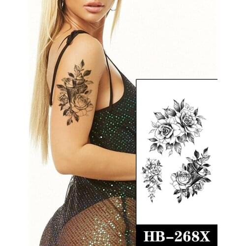 Sketch Peony Rose Flowers Tattoo Sticker Fake Iron Chain Waterproof Temporary Tattoos for Momen Kids Black Leaves Totem Tatoos