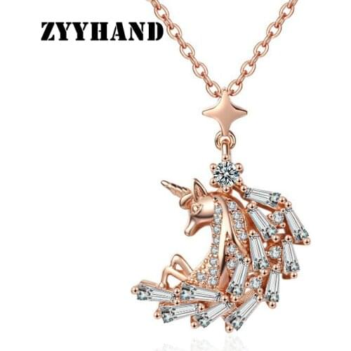 Rose Gold-Color Clean Stone Unicorn Necklace Women Pendant AAA Zircon Star Cross Chain Lady Romantic Wedding Neck Jewelry