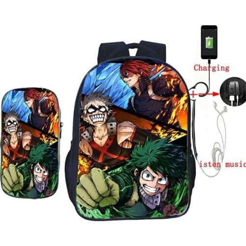 Anime My Hero Academia Backpack 2 Pcs Set USB Charging Backpacks Pencil Bag Boys Girls Book Bags Teens Travel Rucksack Mochilas