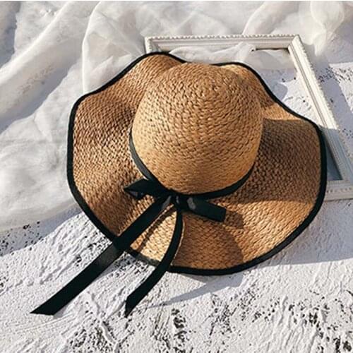 New Beach Caps Summer Straw Breathable Bow Decoration Sun Hats Ms. Outdoor Sports Seaside Wide Straw Hat Visor Cap