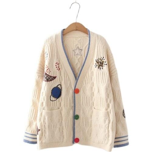 Urifens Autumn And Winter Clothing 2021 Korean V Neck Thick Cardigan Women V-neck Loose Oversized Embroidery Sweater Coat BN98U