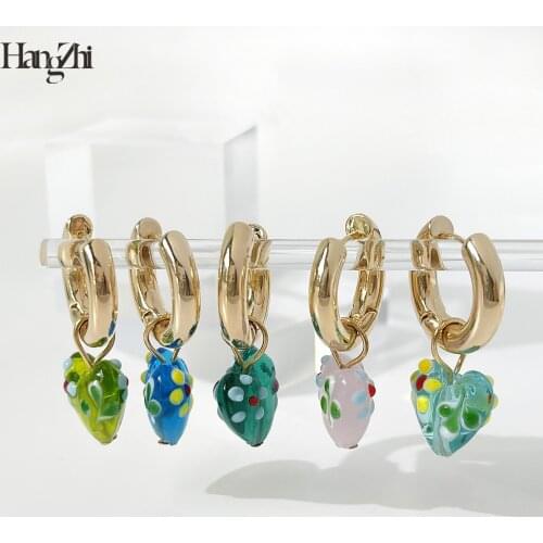 HANGZHI 2020 Vintage Colorful Glass Love Heart Pendant Drop Earrings Metal Circle for Women Girls Party Travel Jewelry