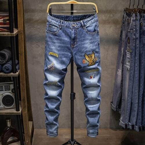 Embroidery stitchwork Boutique European Men Brand Slim Jeans Denim Trousers Stretch Blue Patchwork Hole Pants For Men Ripped