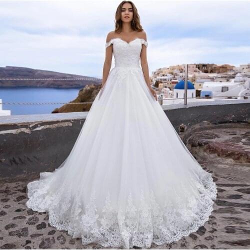 YIWUMENSA Vestidos De Novias Lace-Up Back Appliques Beaded Off Shoulder Bridal Gown A Line Short Sleeves Wedding Dresses 2021