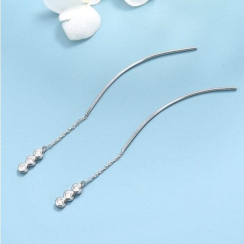DIN28 Solid S925 Sterling Silver Simple Threader Earrings Cubic Circonia Pull Through Drop Earrings for Women Romantic Gifts