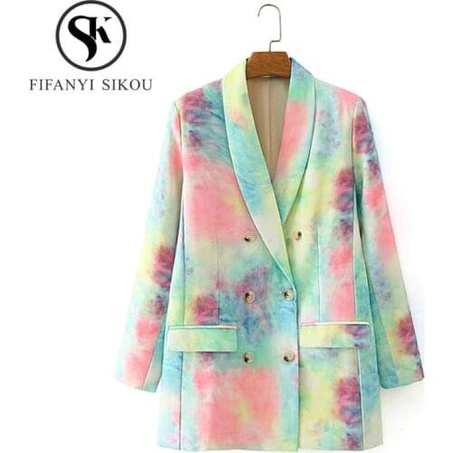Tie dye Blazer Jacket Women Streetwear Fashion Double Breasted Print Suit Jacket Lady Loose Harajuku Blazer Coat 2020 Autumn New